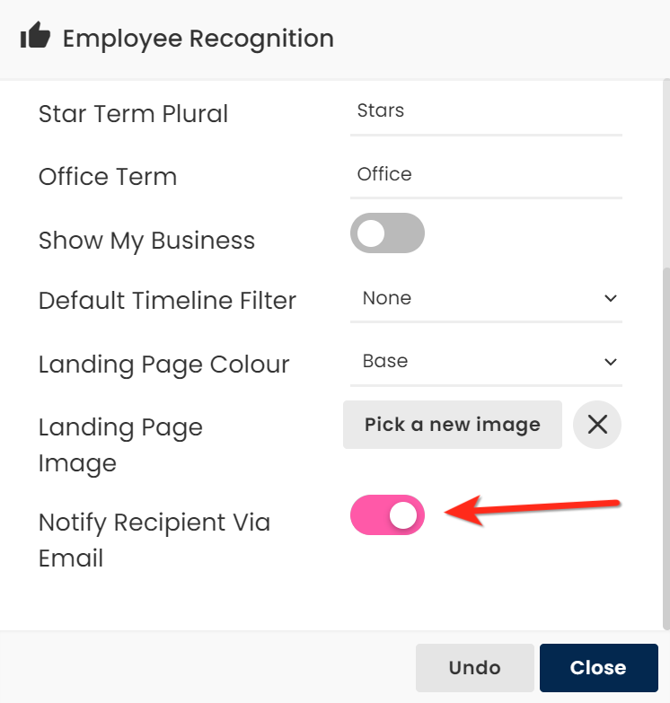 Toggling on email notifications for employee recognition.png